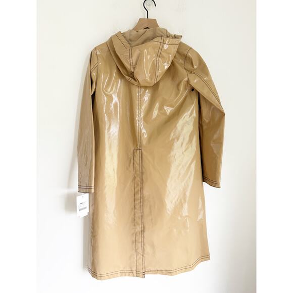 NWT Jane Post Raincoat hooded Rain Slicker in Beige Small Black Tan - Picture 6 of 8